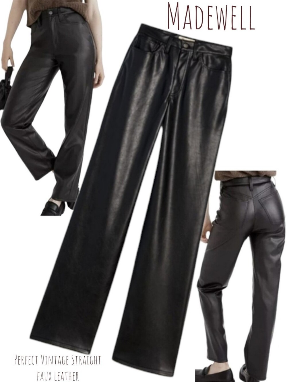 Madewell Women's Perfect Vintage Straight Jeans Black Faux Vegan Leather 29